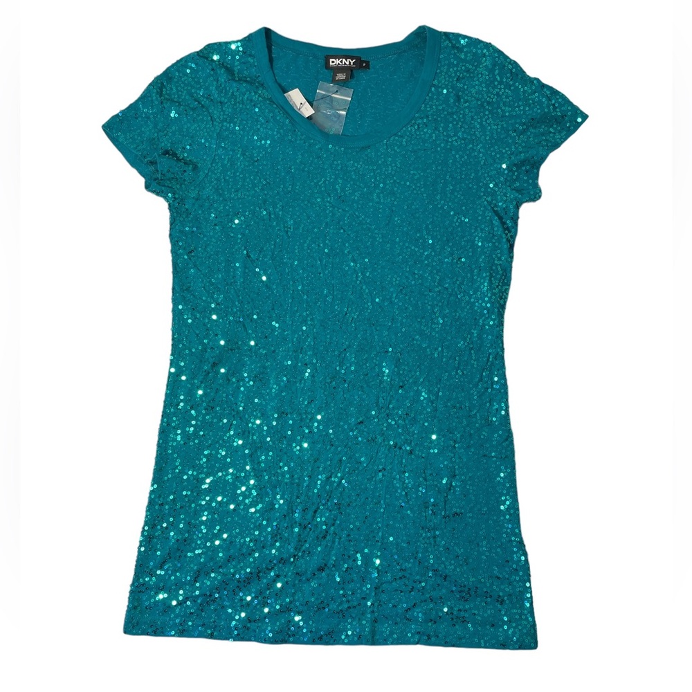 DKNY Donna Karan Teal Sequin Short Sleeve Teal Top